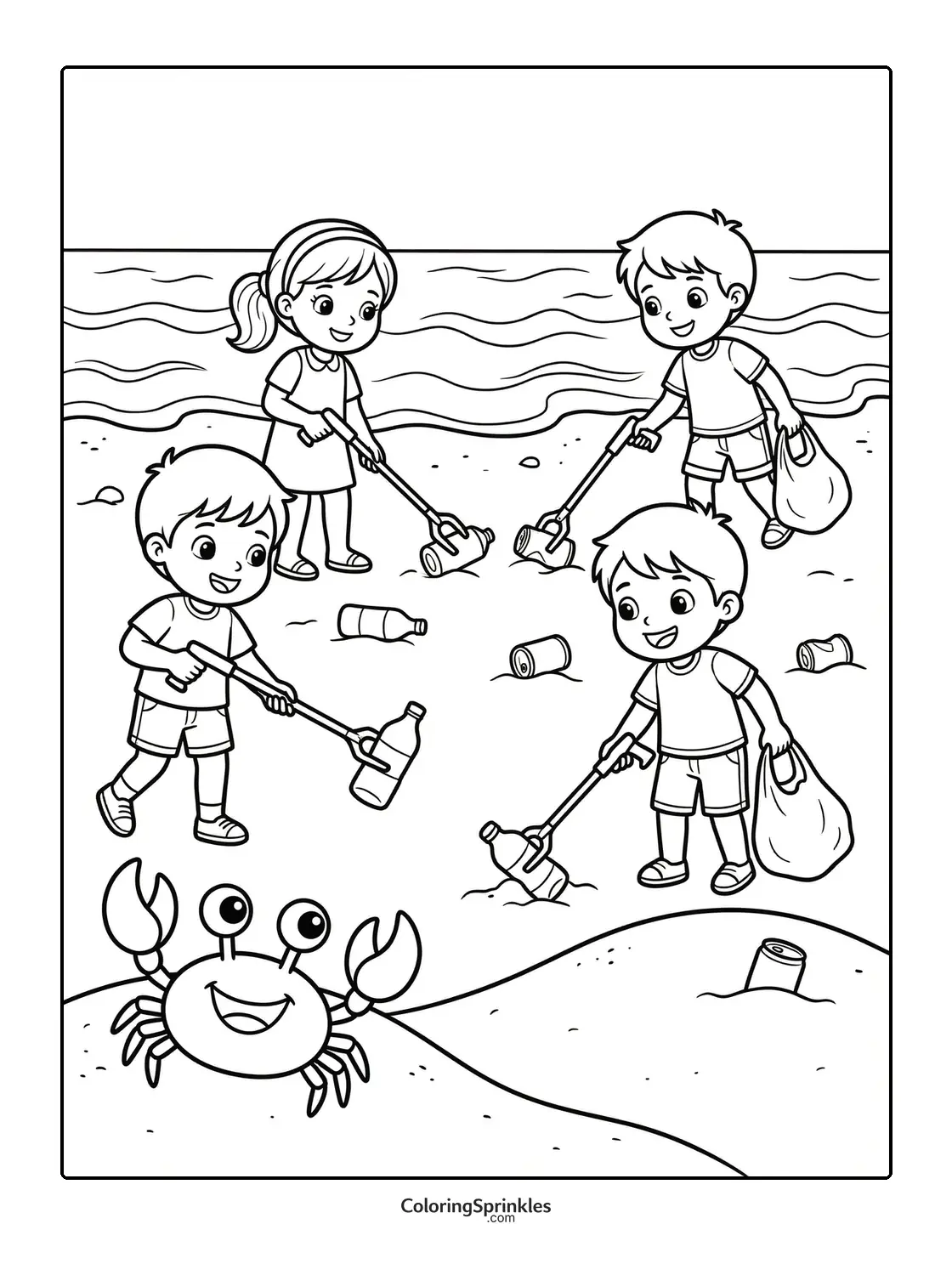 Coloring page of kids cleaning up trash on a beach with a happy crab