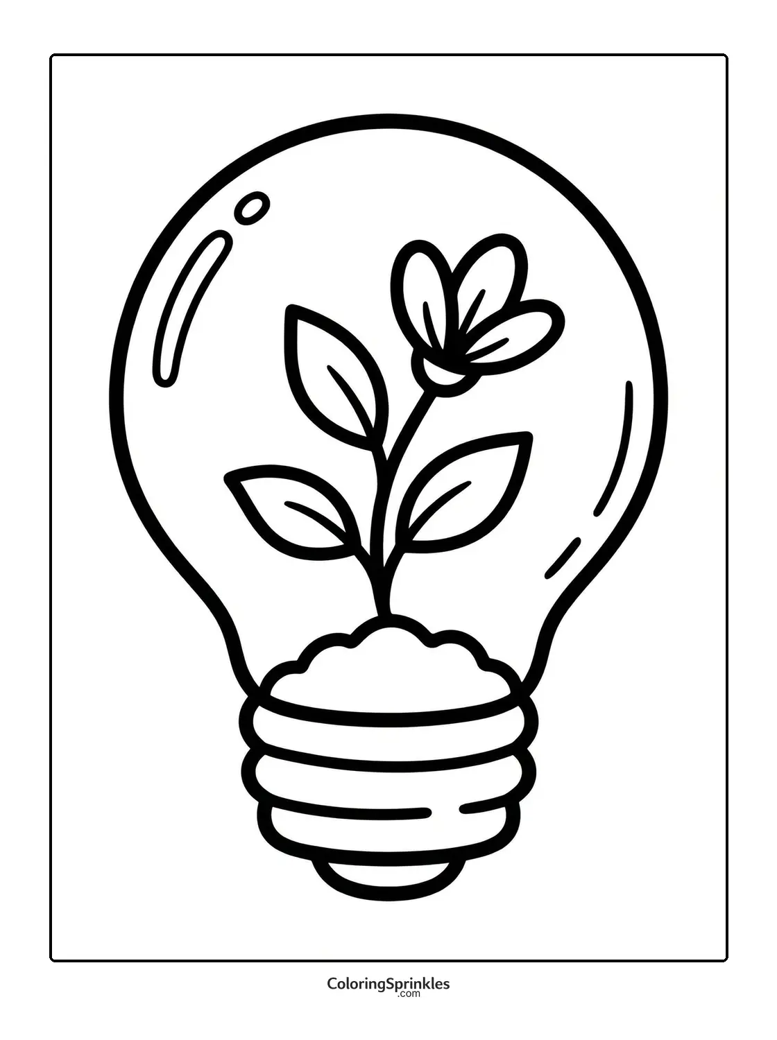 Coloring page of a plant with a flower growing inside a lightbulb
