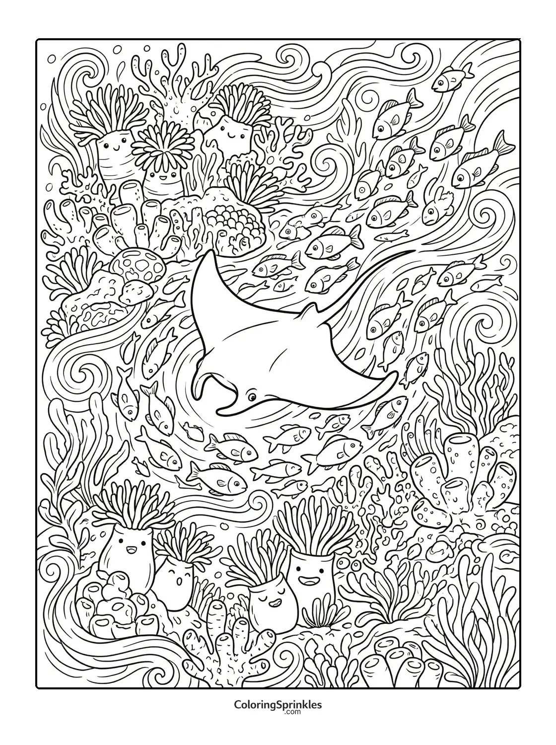 Coloring page of a manta ray swimming among fish and coral reef underwater