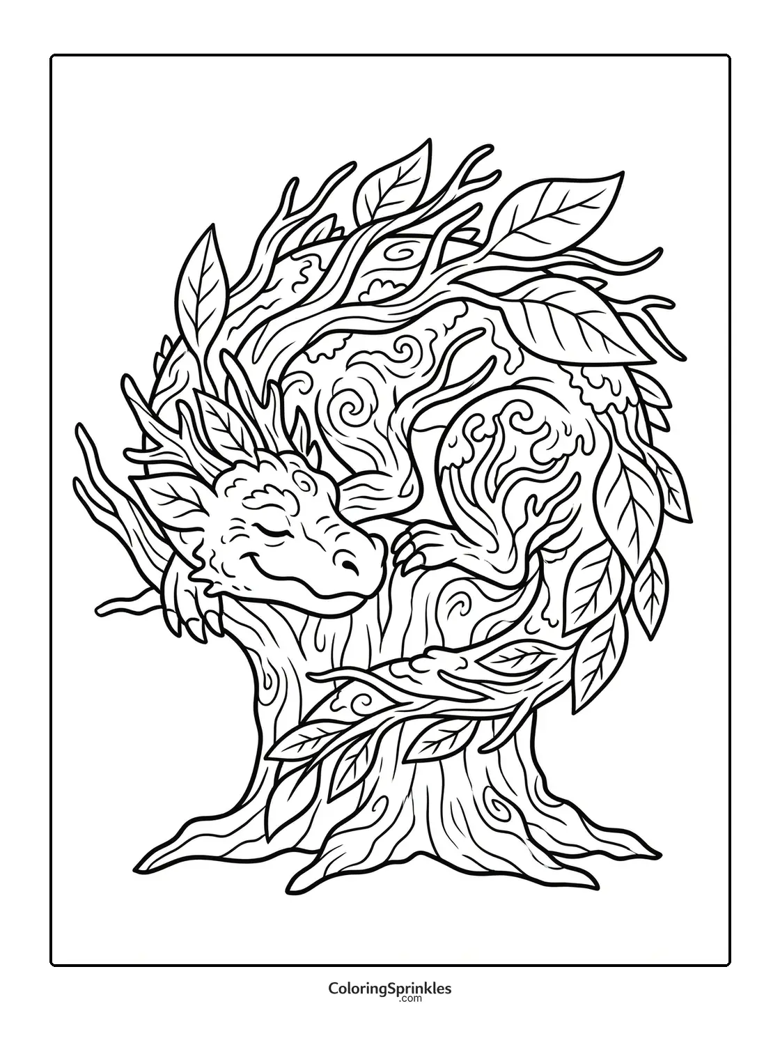 Coloring page of a dragon curled around a tree with leaves