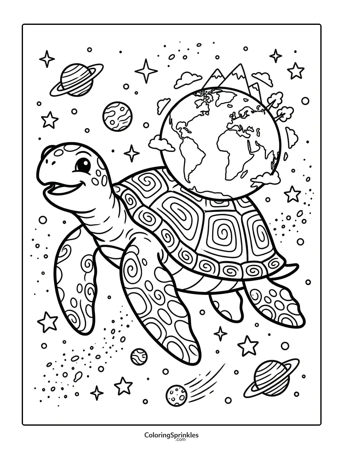 Coloring page of a turtle carrying the Earth in space with planets and stars