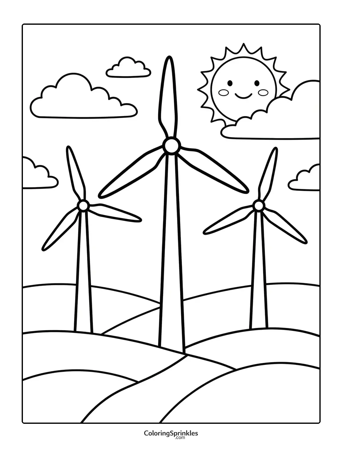 Coloring page of wind turbines on rolling hills on a sunny day