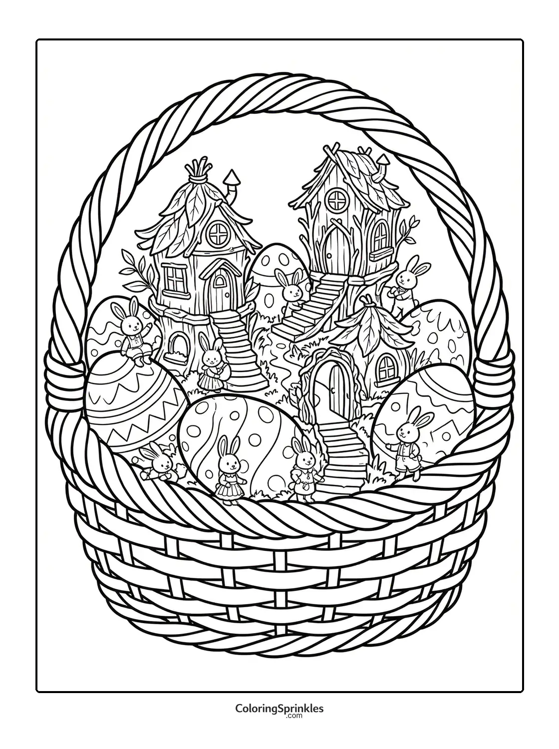 Coloring page of an Easter basket with bunny houses and decorated eggs