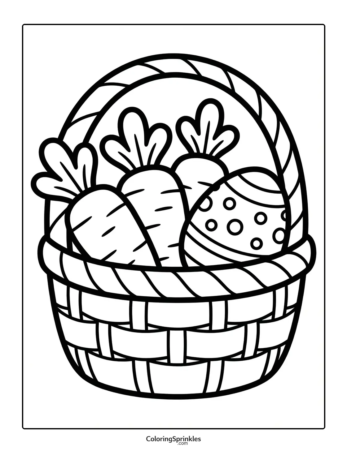 Coloring page of an Easter basket with carrots and a decorated Easter egg