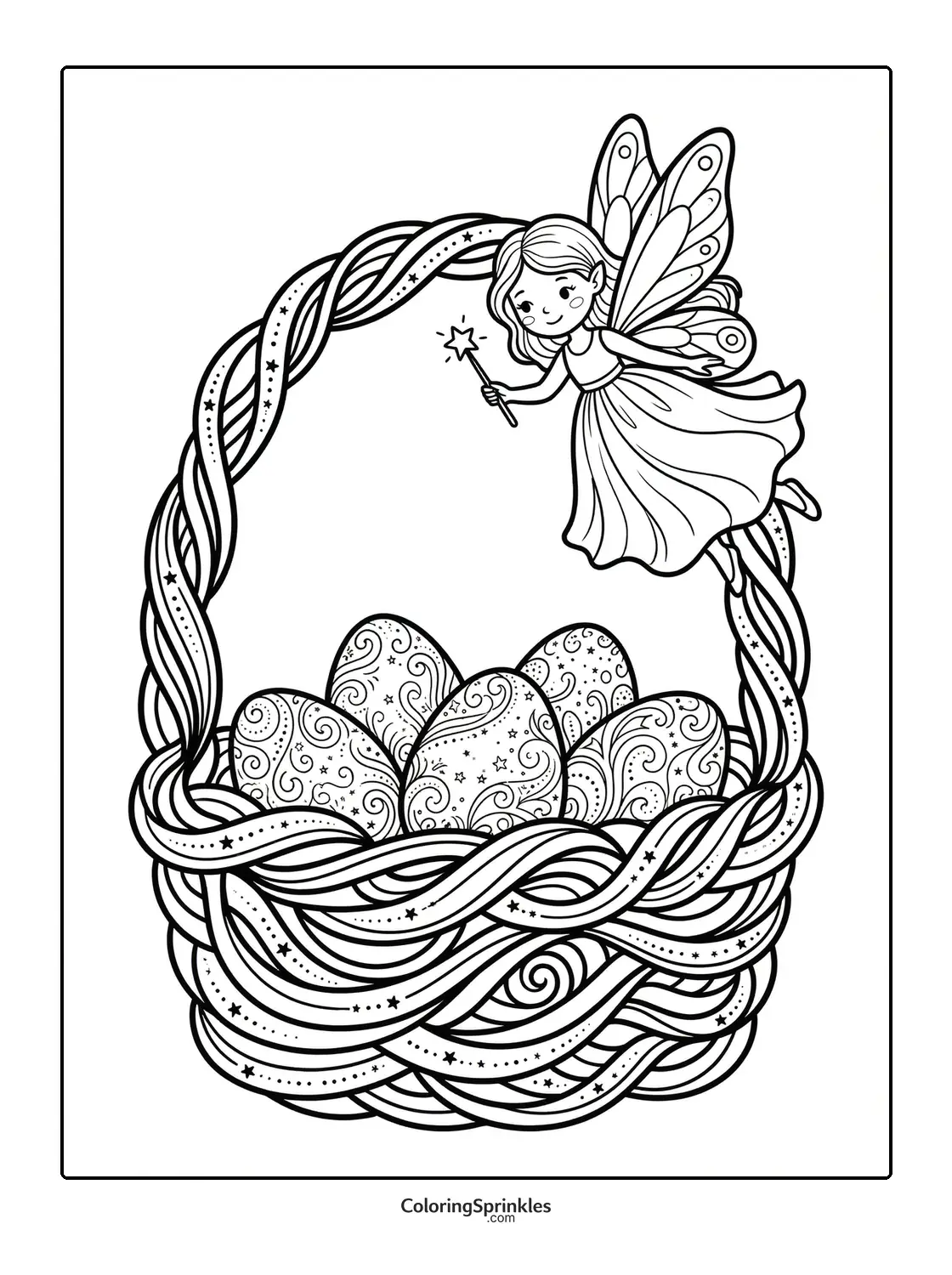Coloring page of an Easter basket with decorated eggs and a fairy