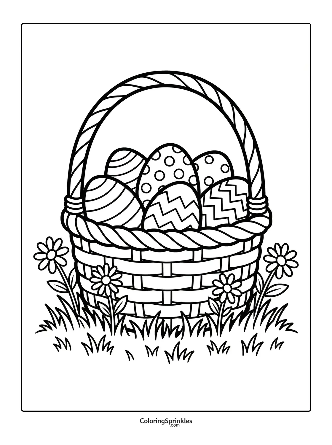 Coloring page of an Easter basket filled with decorated eggs and flowers