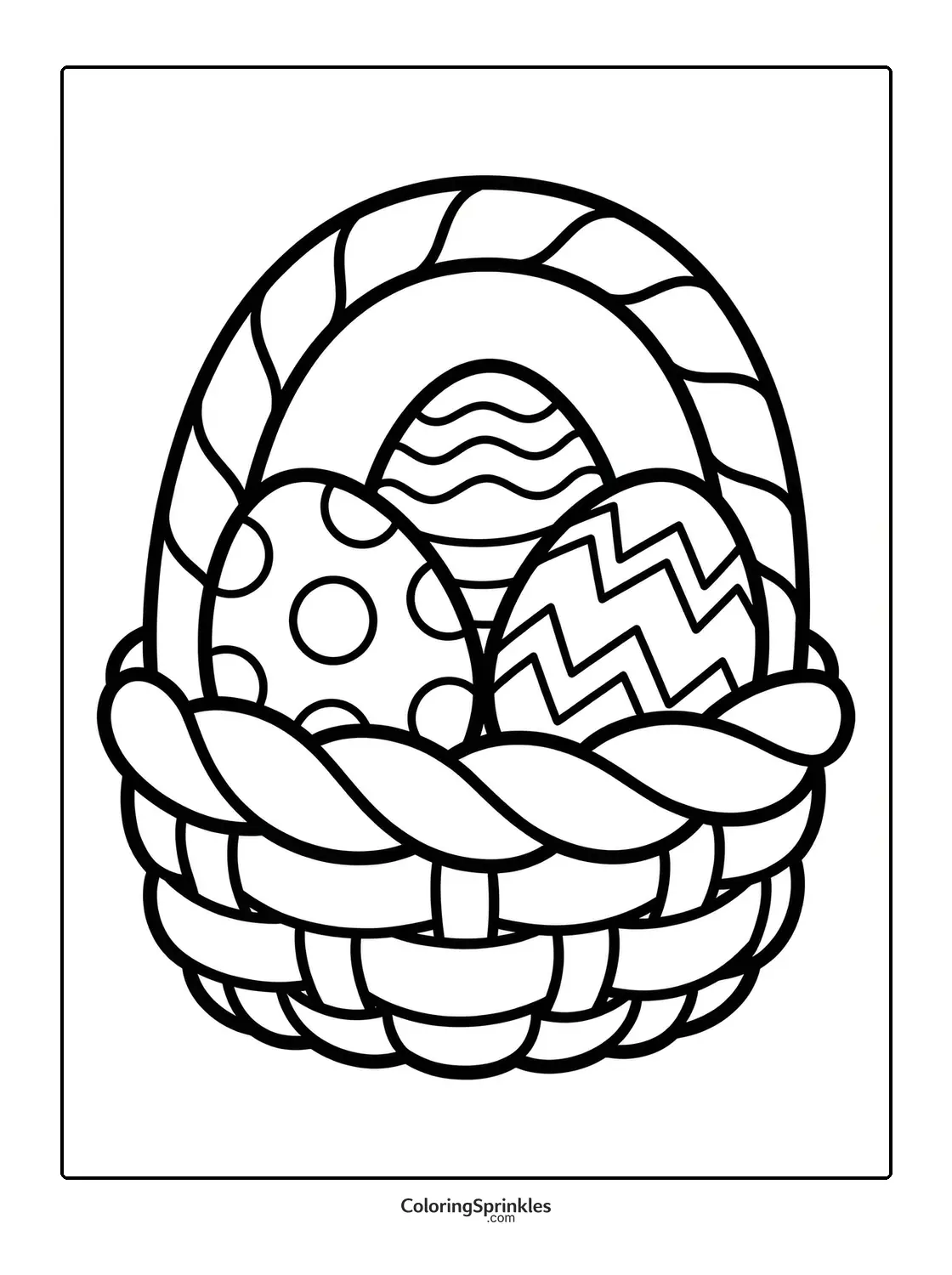 Coloring page of an Easter basket with decorated eggs