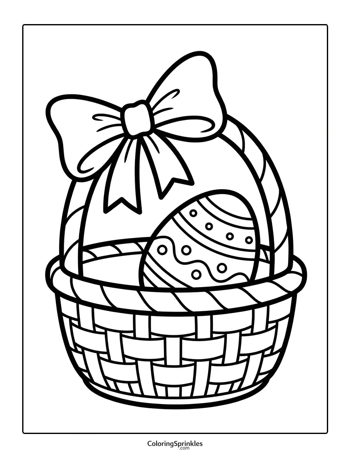 Coloring page of an Easter basket with a decorated egg and a bow