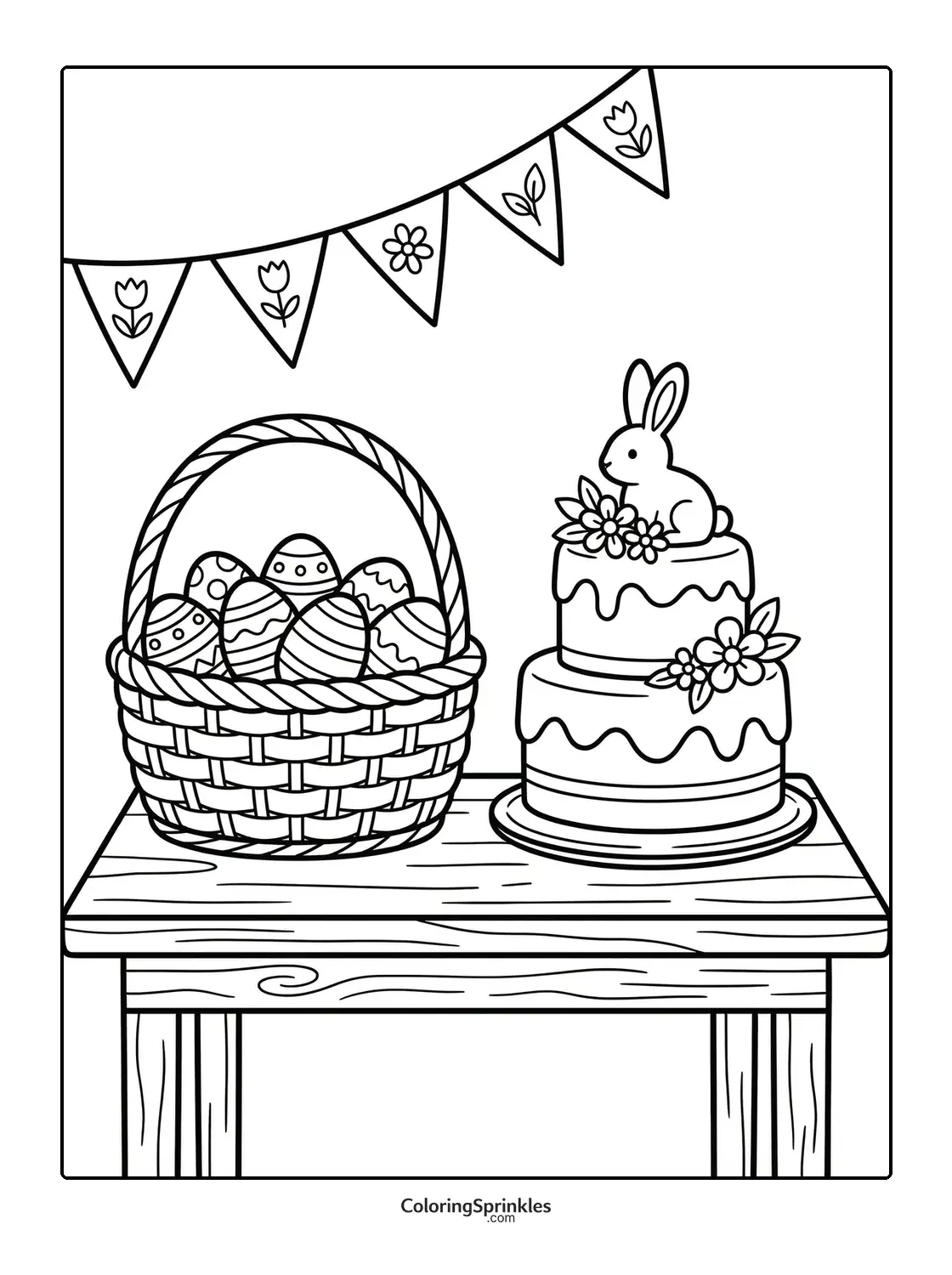 Coloring page of an Easter basket with decorated eggs and a cake topped with a bunny and flowers