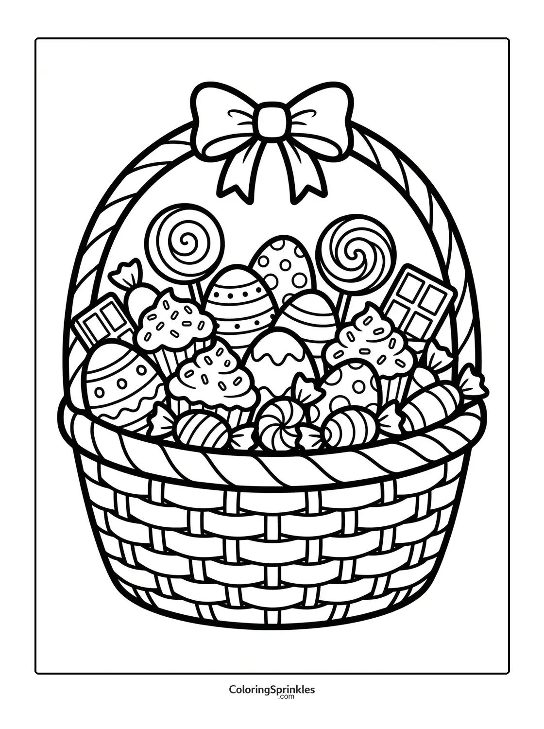Coloring page of an Easter basket filled with decorated eggs, cupcakes, and candies
