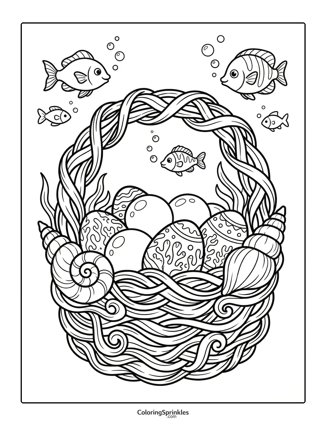 Coloring page of an Easter basket with decorated eggs, fish, and seashells