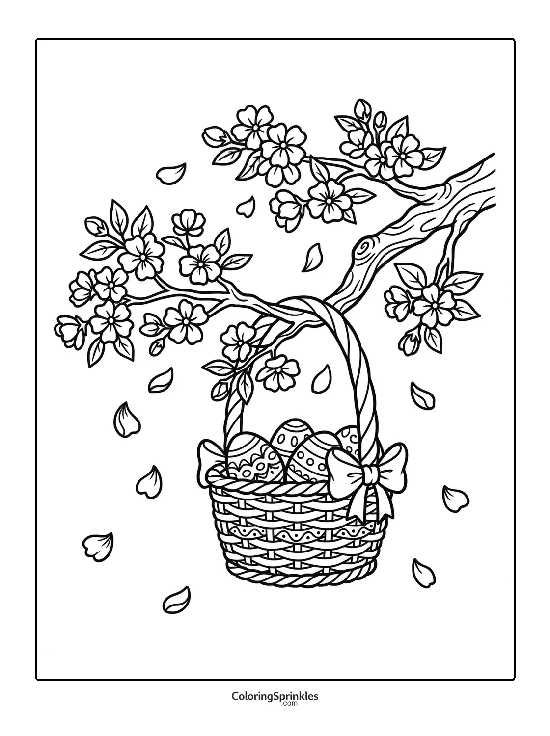 Coloring page of an Easter basket with decorated eggs hanging from a flowering branch