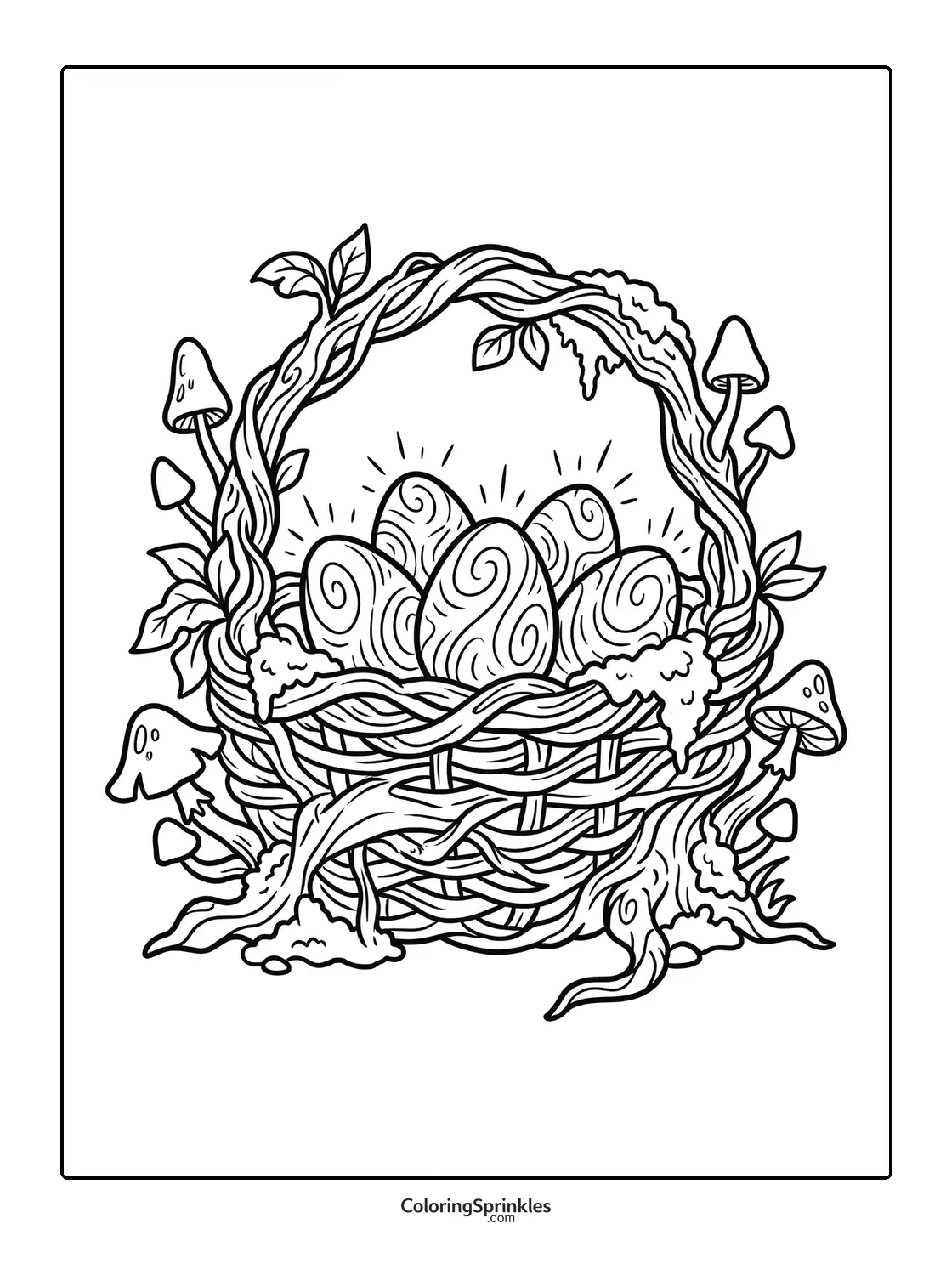 Coloring page of an Easter basket with decorated eggs surrounded by mushrooms
