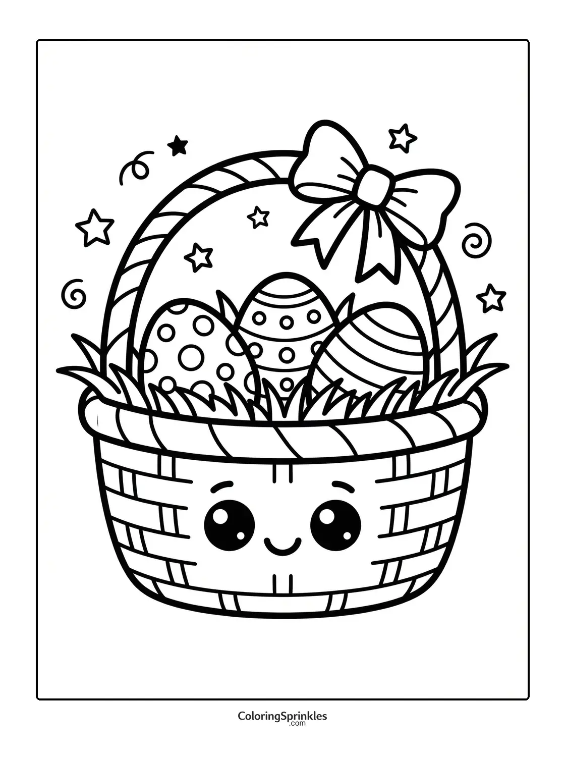 Coloring page of an Easter basket with decorated eggs and a smiling face