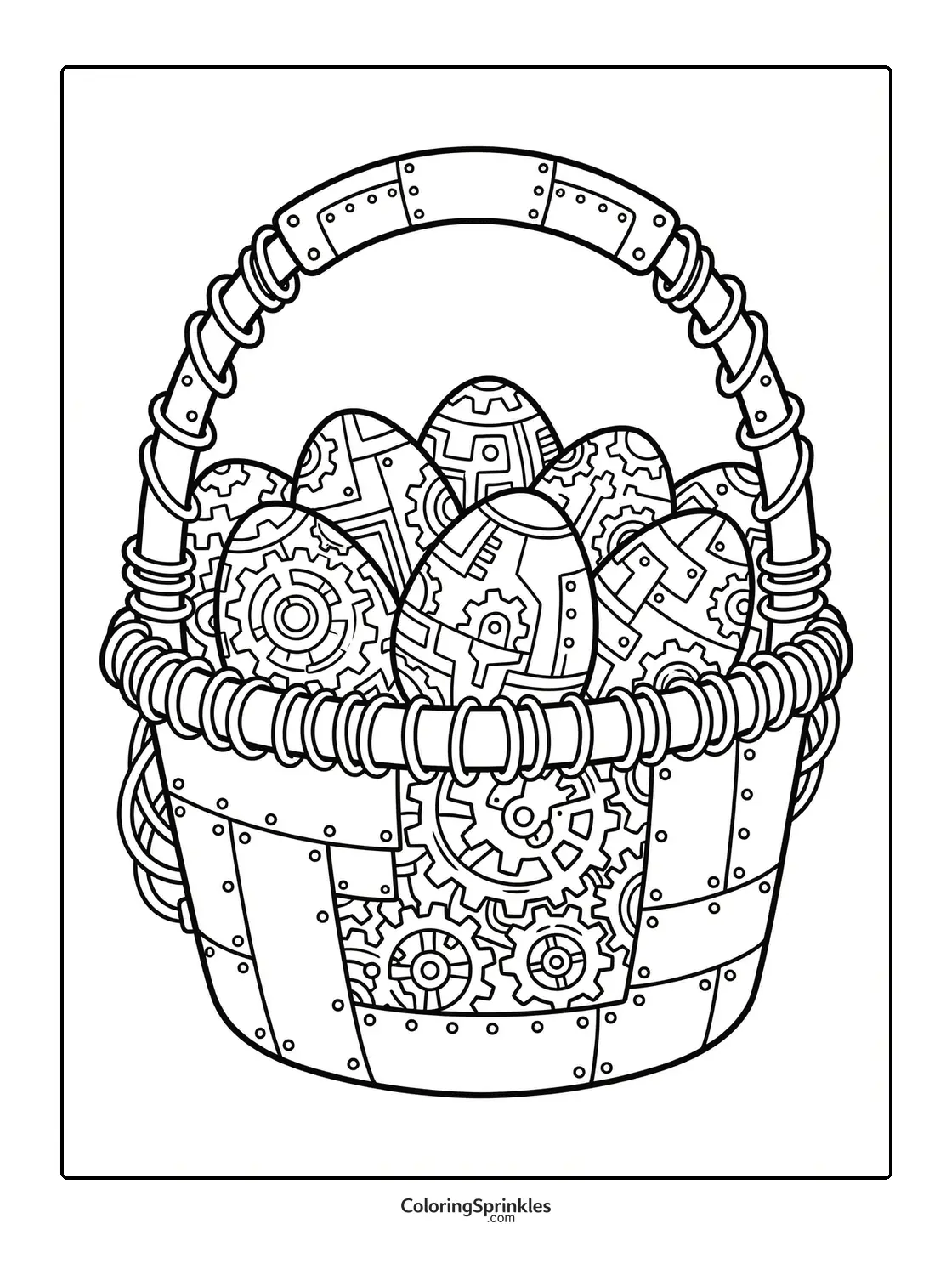 Coloring page of an Easter basket filled with mechanical patterned eggs