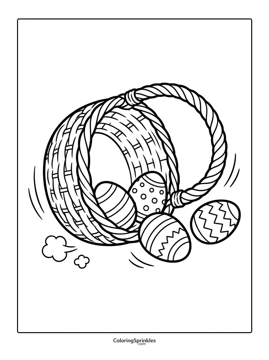 Coloring page of a rolling Easter basket spilling decorated eggs
