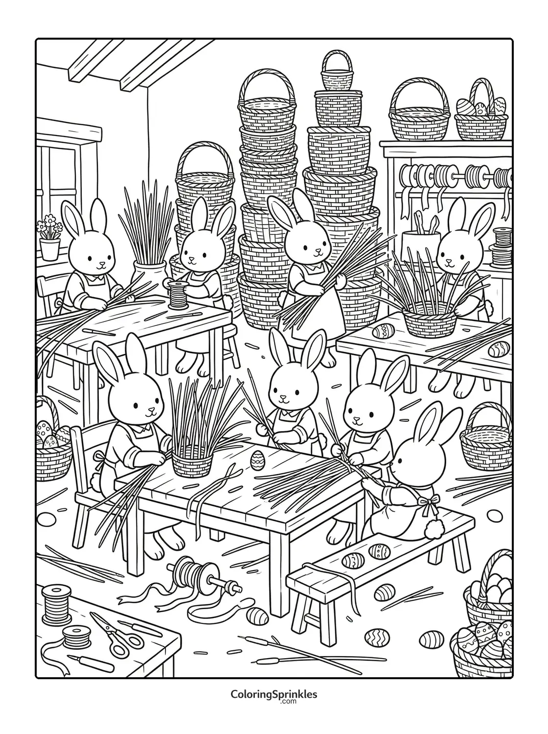 Coloring page of Easter bunnies making baskets indoors