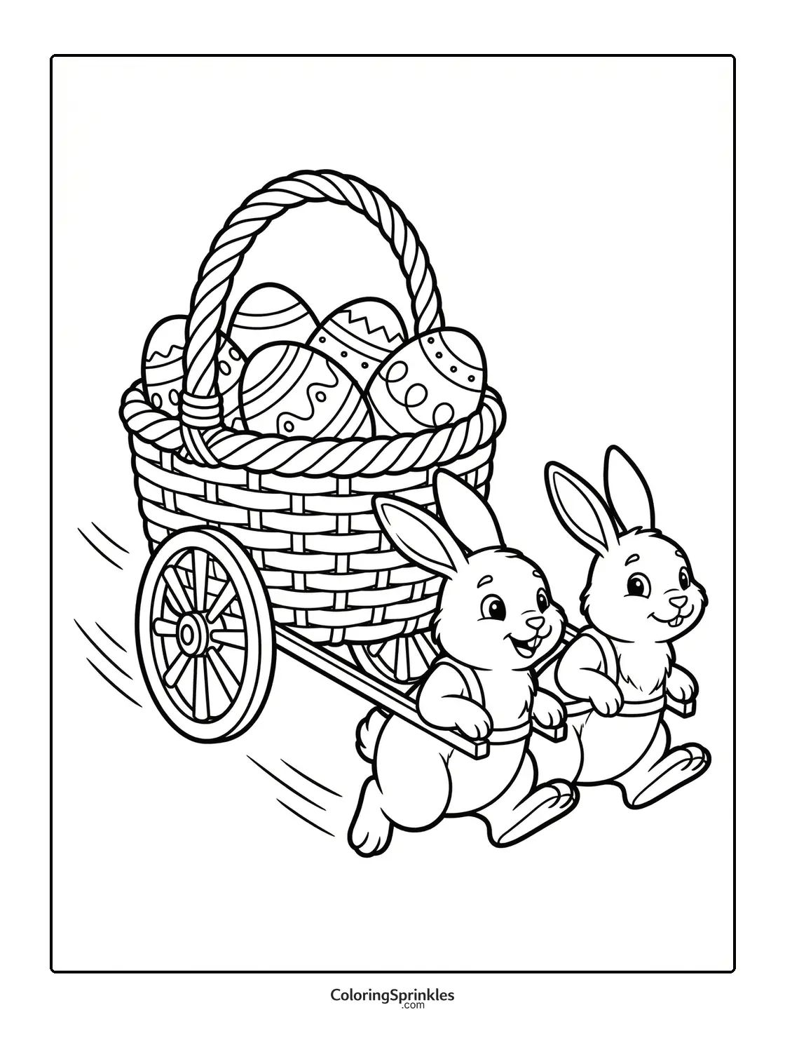 Coloring page of two Easter bunnies pulling a basket full of decorated eggs