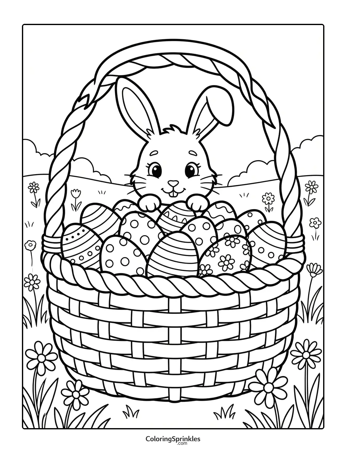 Coloring page of an Easter bunny peeking over a basket filled with decorated eggs and surrounded by flowers