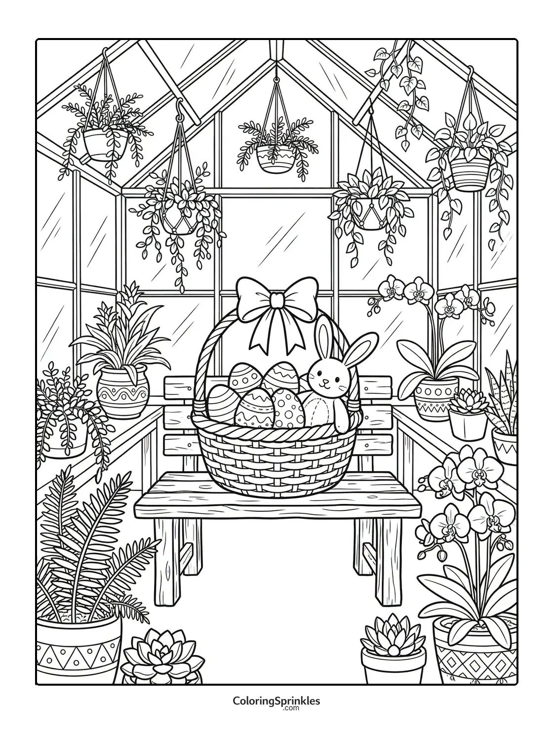 Coloring page of an Easter bunny in a basket with decorated eggs inside a greenhouse with plants