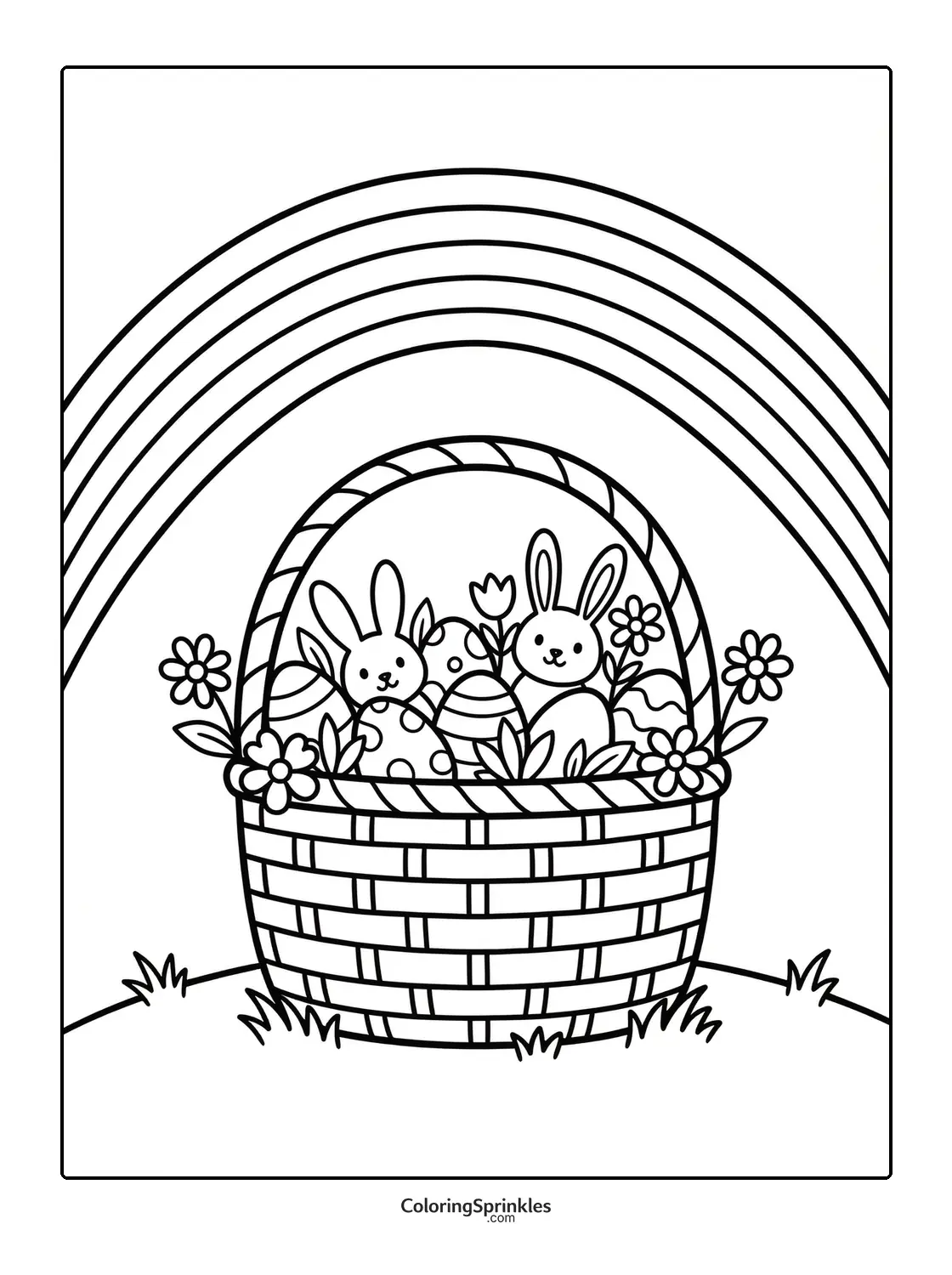 Coloring page of an Easter basket with bunnies, eggs, flowers and a rainbow