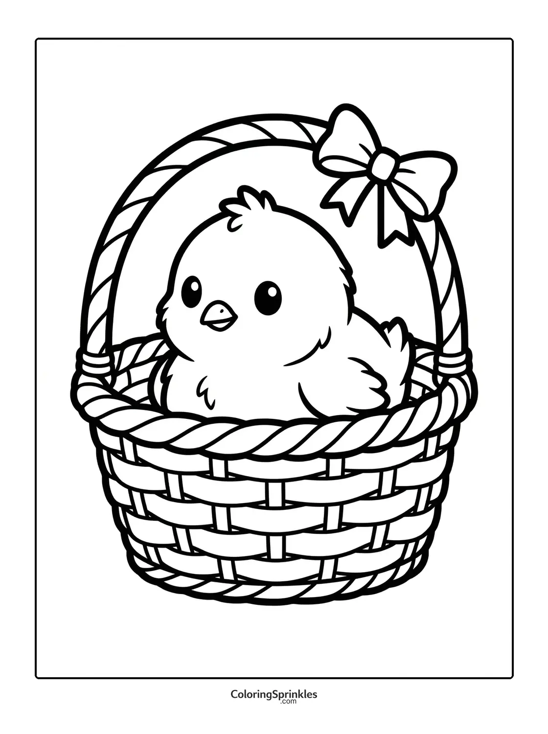 Coloring page of an Easter chick sitting inside a basket with a bow