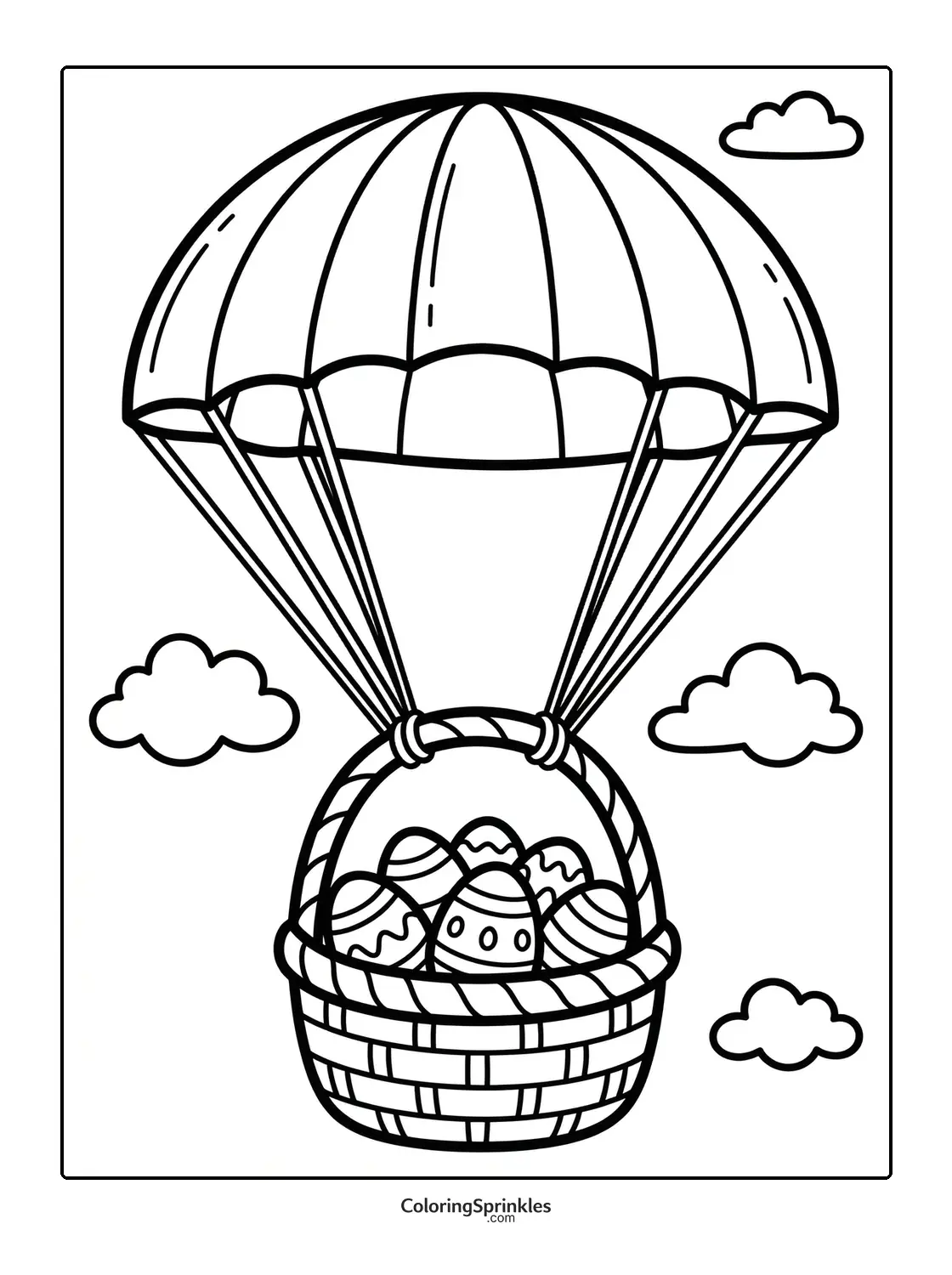 Coloring page of a basket filled with Easter eggs hanging from a hot air balloon with clouds