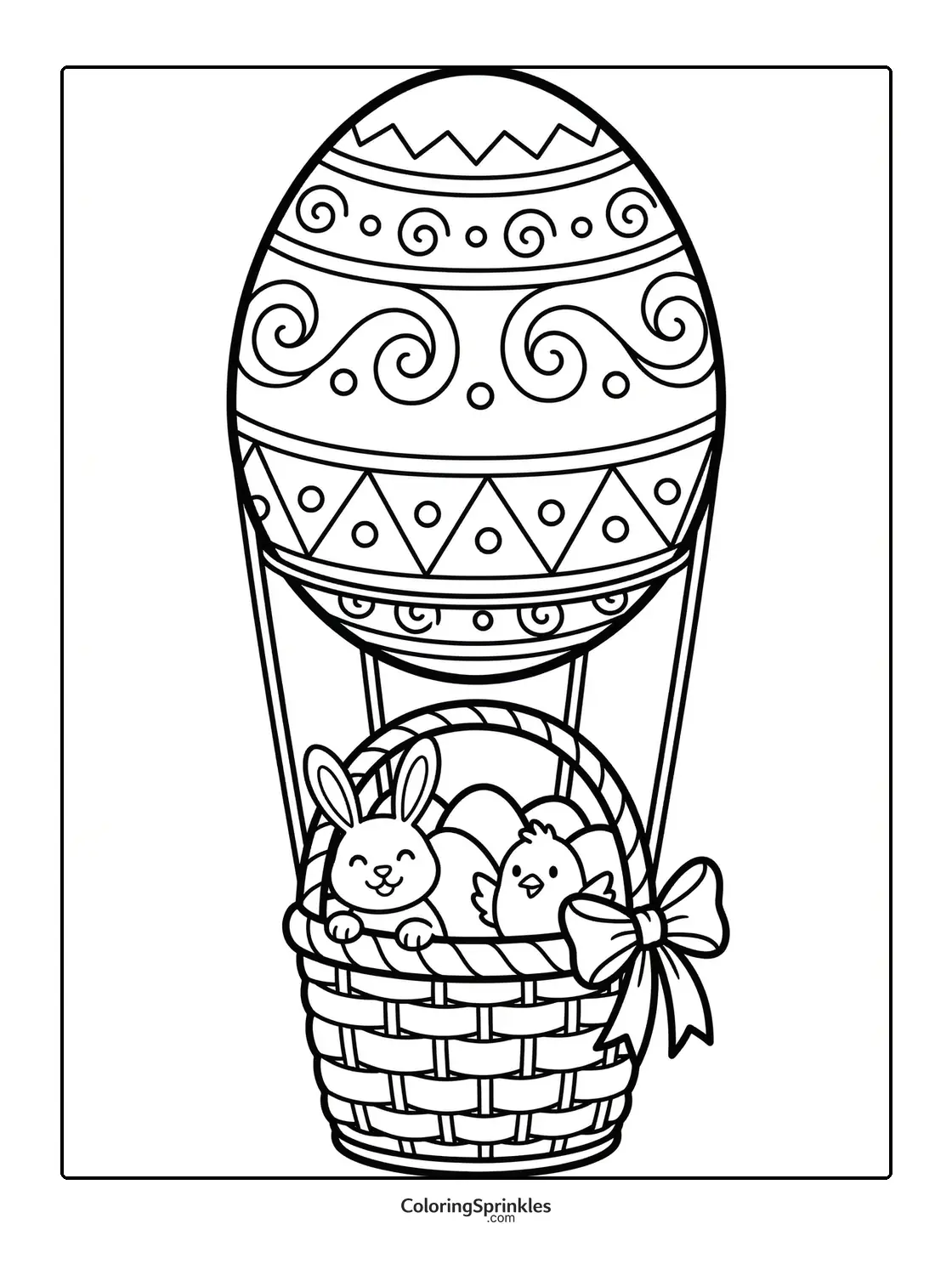 Coloring page of an Easter hot air balloon with a basket holding a bunny and a chick