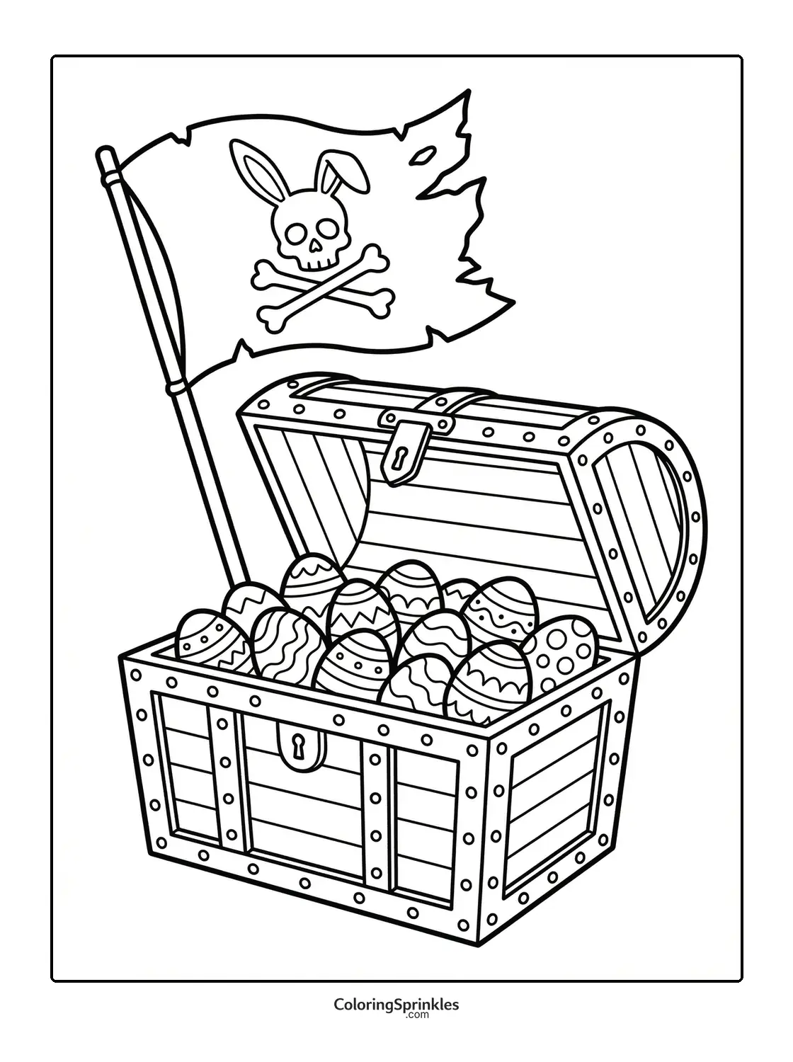 Coloring page of a pirate treasure chest filled with Easter eggs and a pirate flag