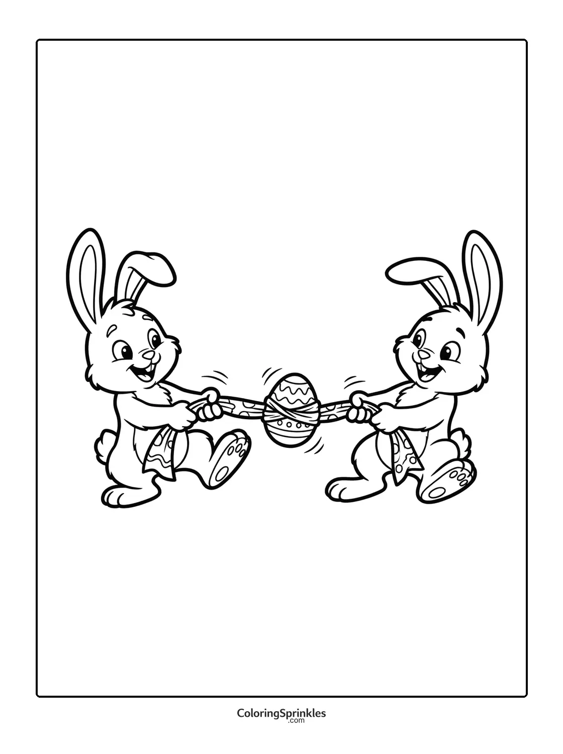 Coloring page of two Easter bunnies tugging a decorated Easter egg