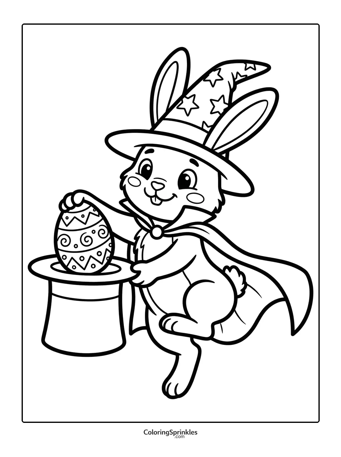 Coloring page of an Easter bunny magician pulling an Easter egg from a magic hat