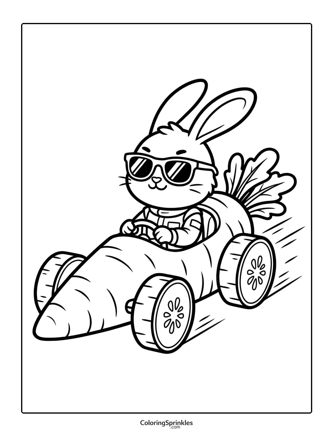 Coloring page of an Easter bunny driving a carrot-shaped racing car wearing sunglasses