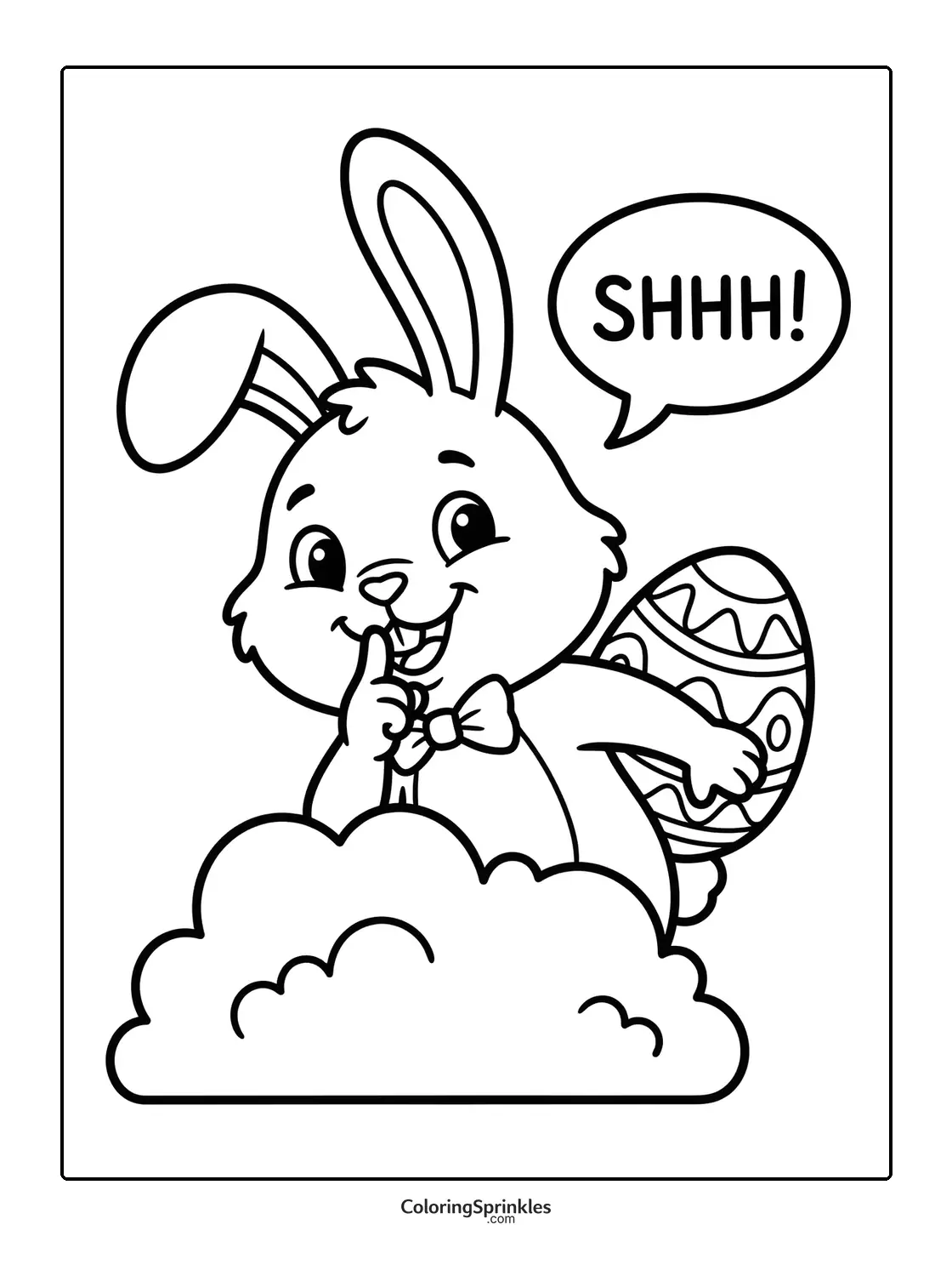 Coloring page of an Easter bunny holding a decorated egg and making a shushing gesture behind a cloud