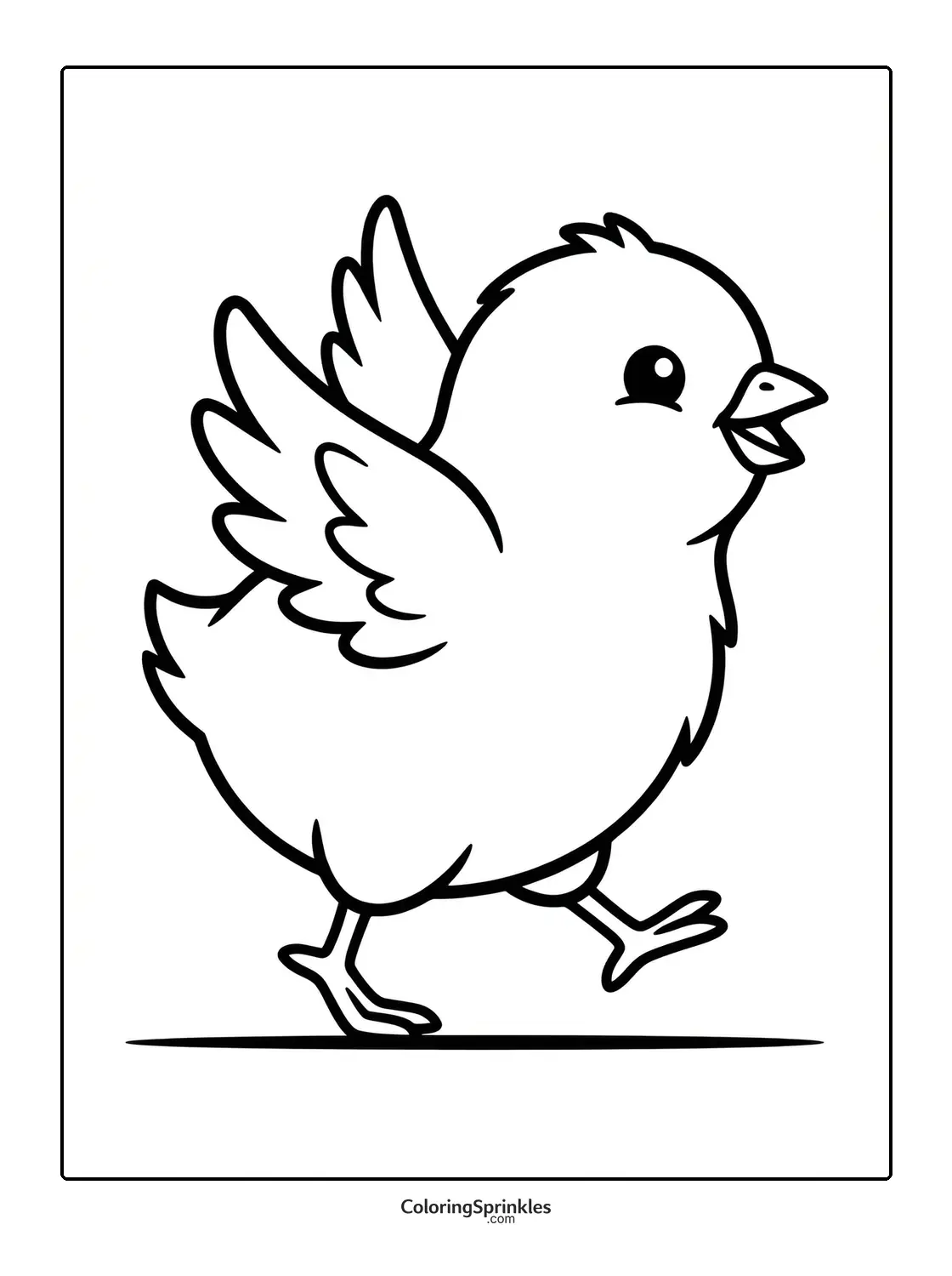 Coloring page of a cute chick walking happily