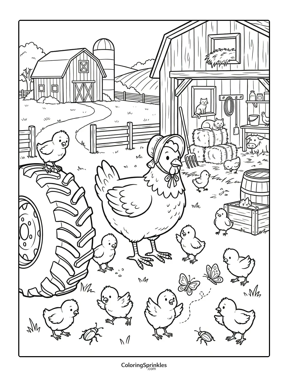 Coloring page of a farmyard scene a mother hen is surrounded by a dozen