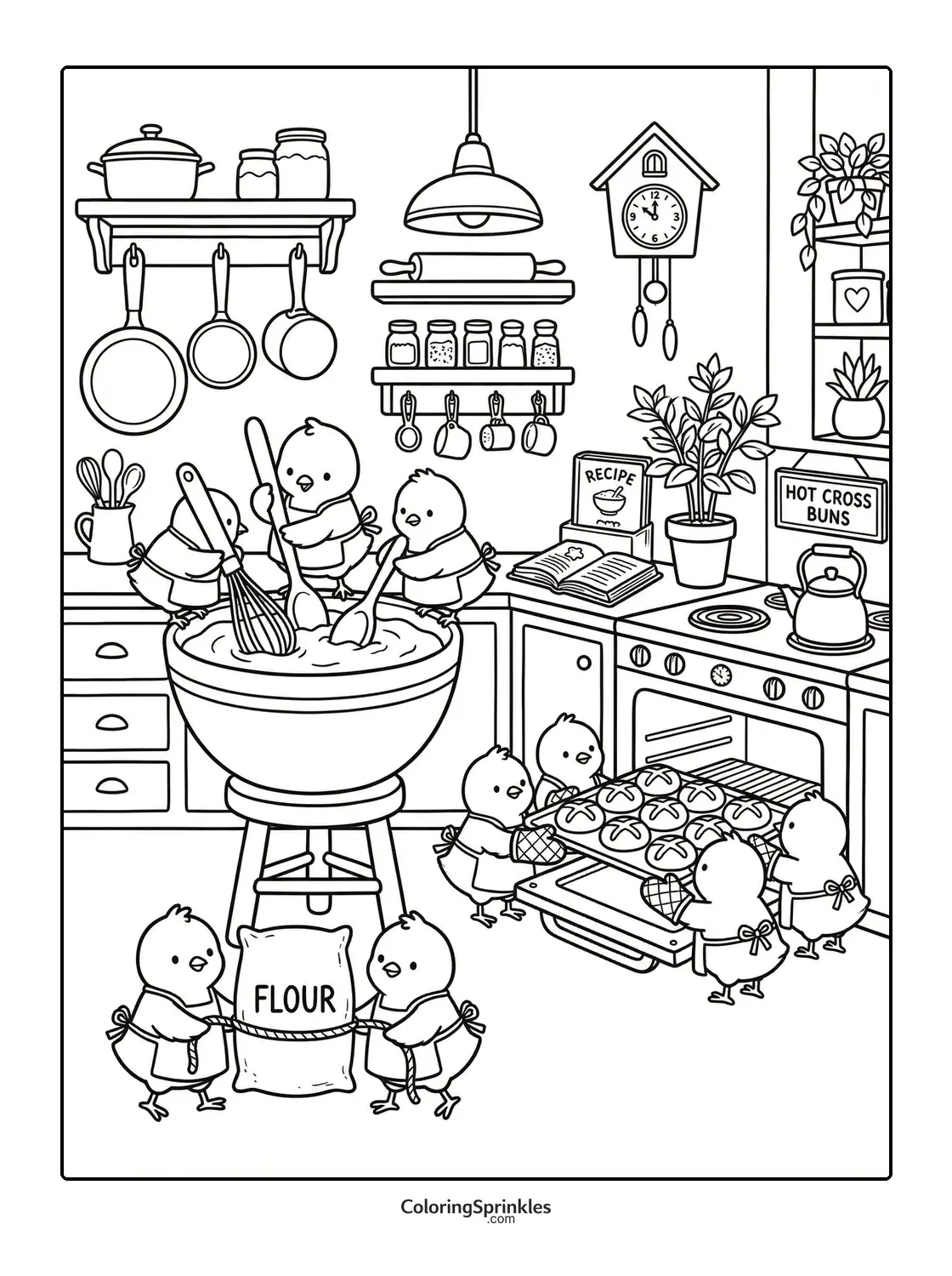 Coloring page of a team of chicks is working together
