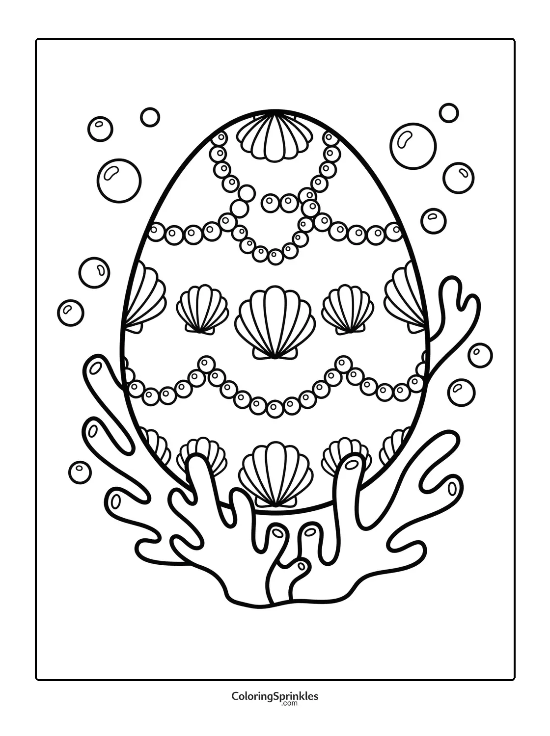 Coloring page of an Easter egg decorated with seashells surrounded by coral and bubbles