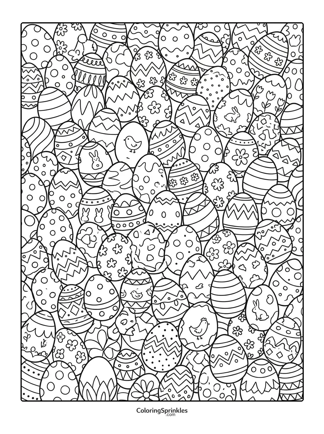 Coloring page of a pattern of decorated Easter eggs with bunnies and chicks