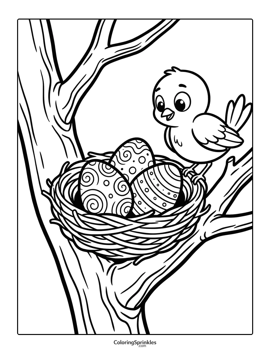 Coloring page of a bird sitting on a nest with decorated Easter eggs on a tree branch
