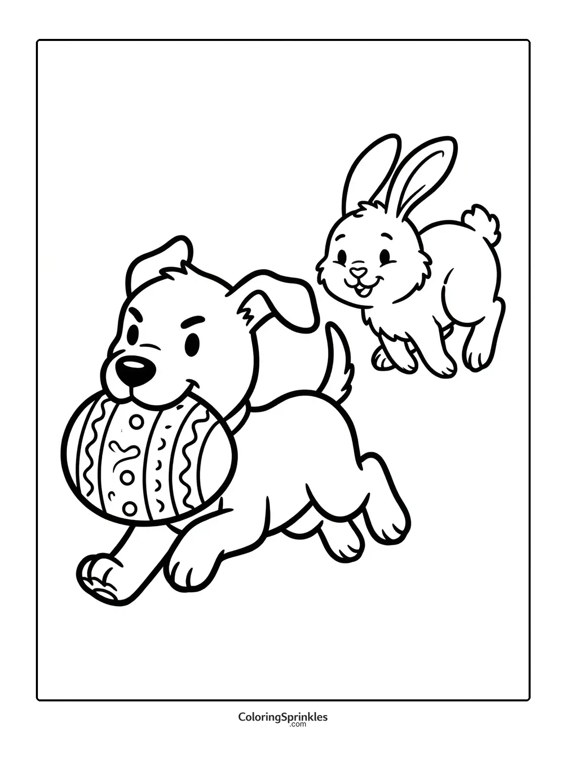 Coloring page of a dog and rabbit playing with an Easter egg