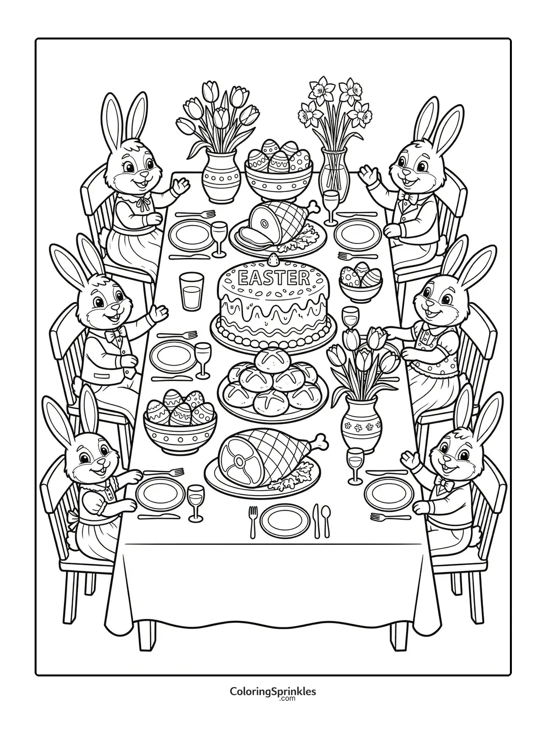 Coloring page of Easter bunnies sitting at a dinner table with decorated eggs and cake