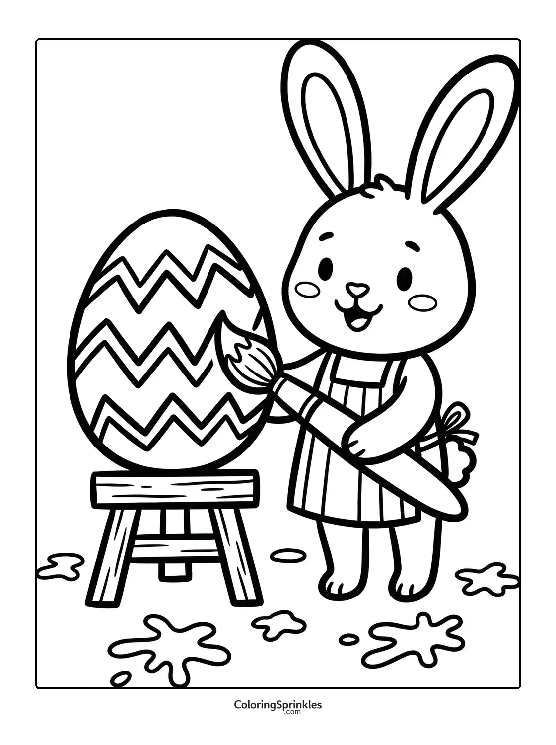 Coloring page of an Easter bunny painting a large decorated egg