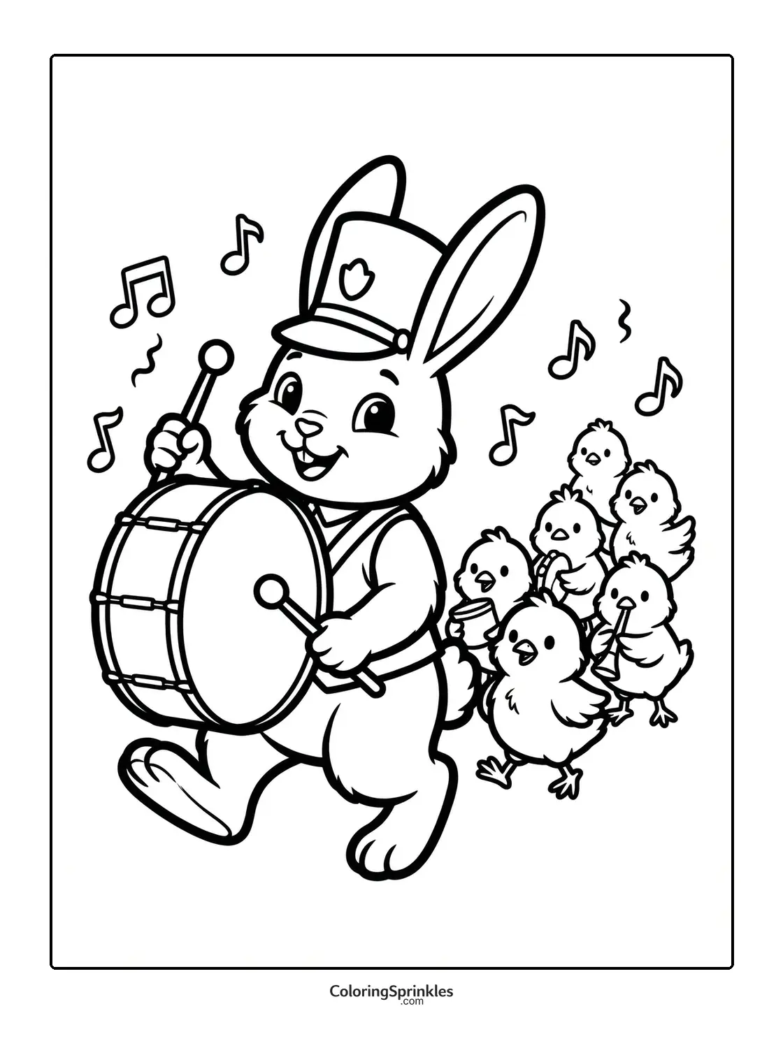 Coloring page of a rabbit playing a drum leading marching chicks