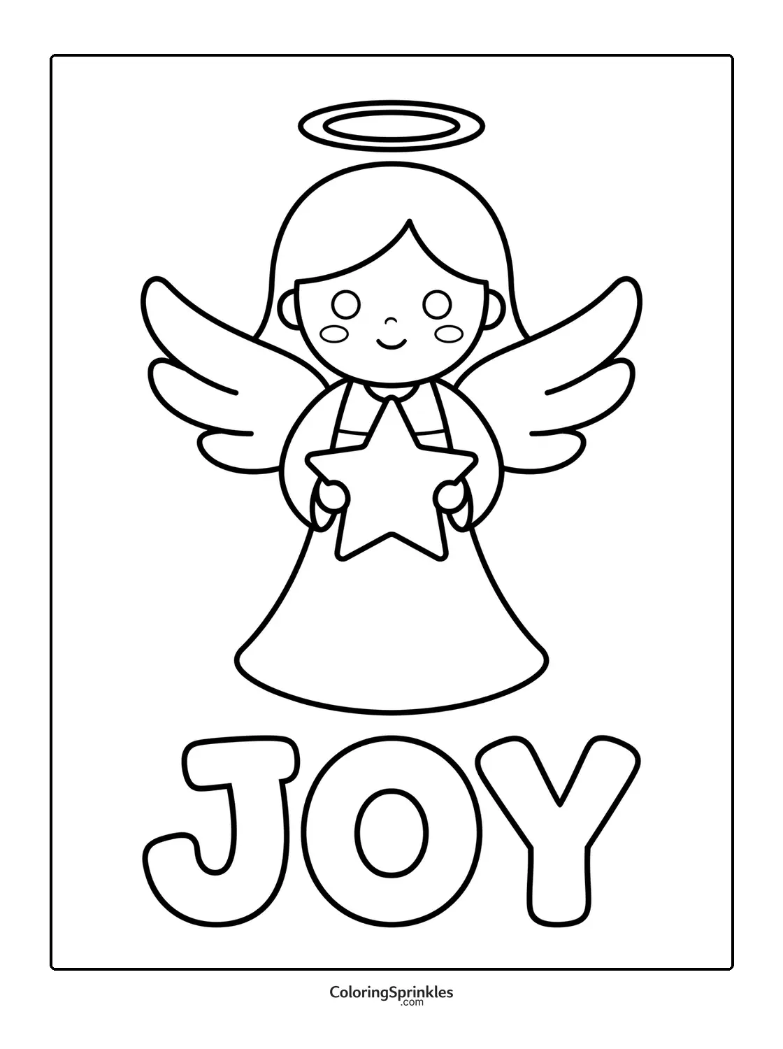 Coloring page of an angel holding a star with joy text