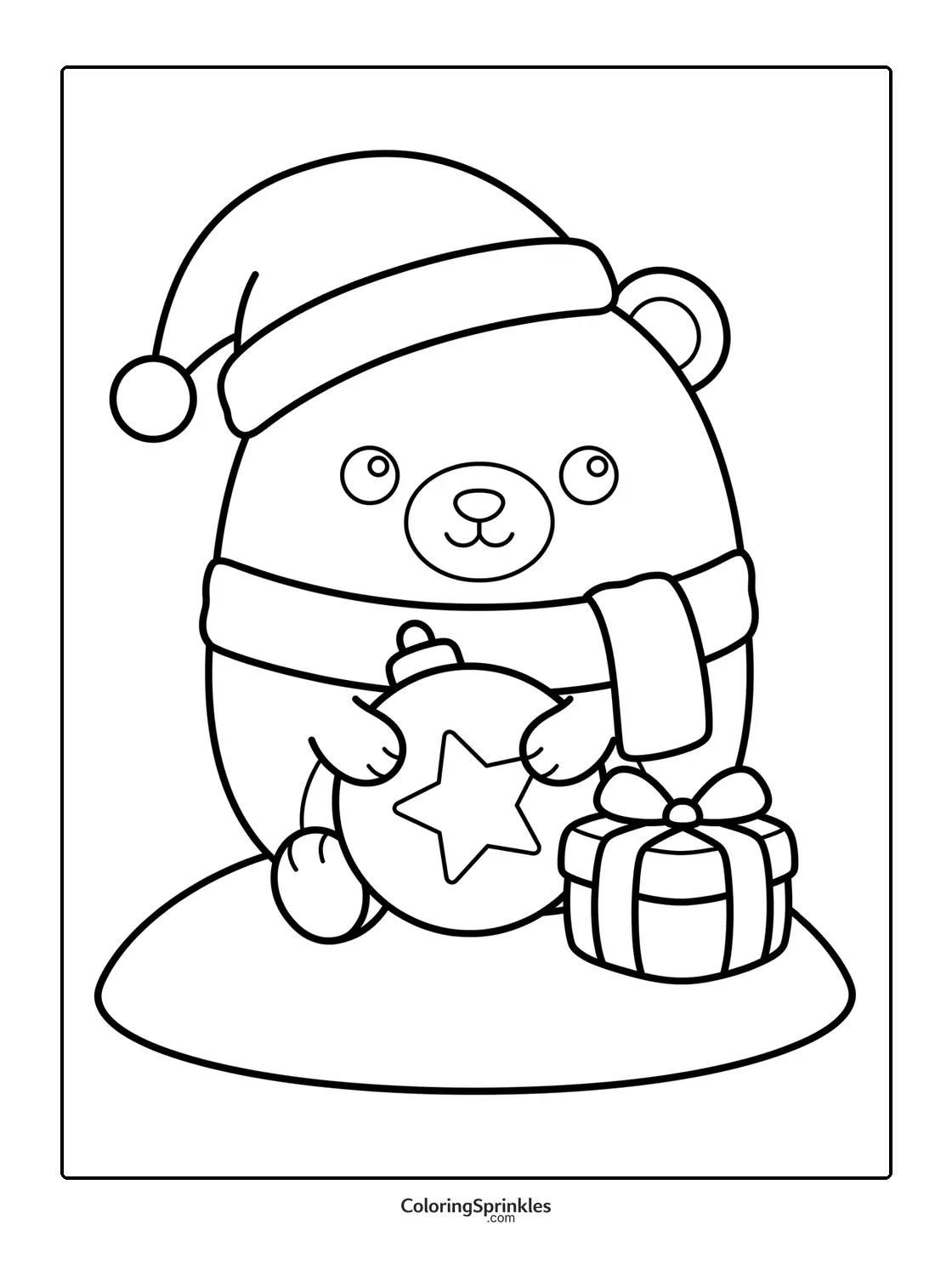 Coloring page of a Christmas bear holding an ornament with a gift box