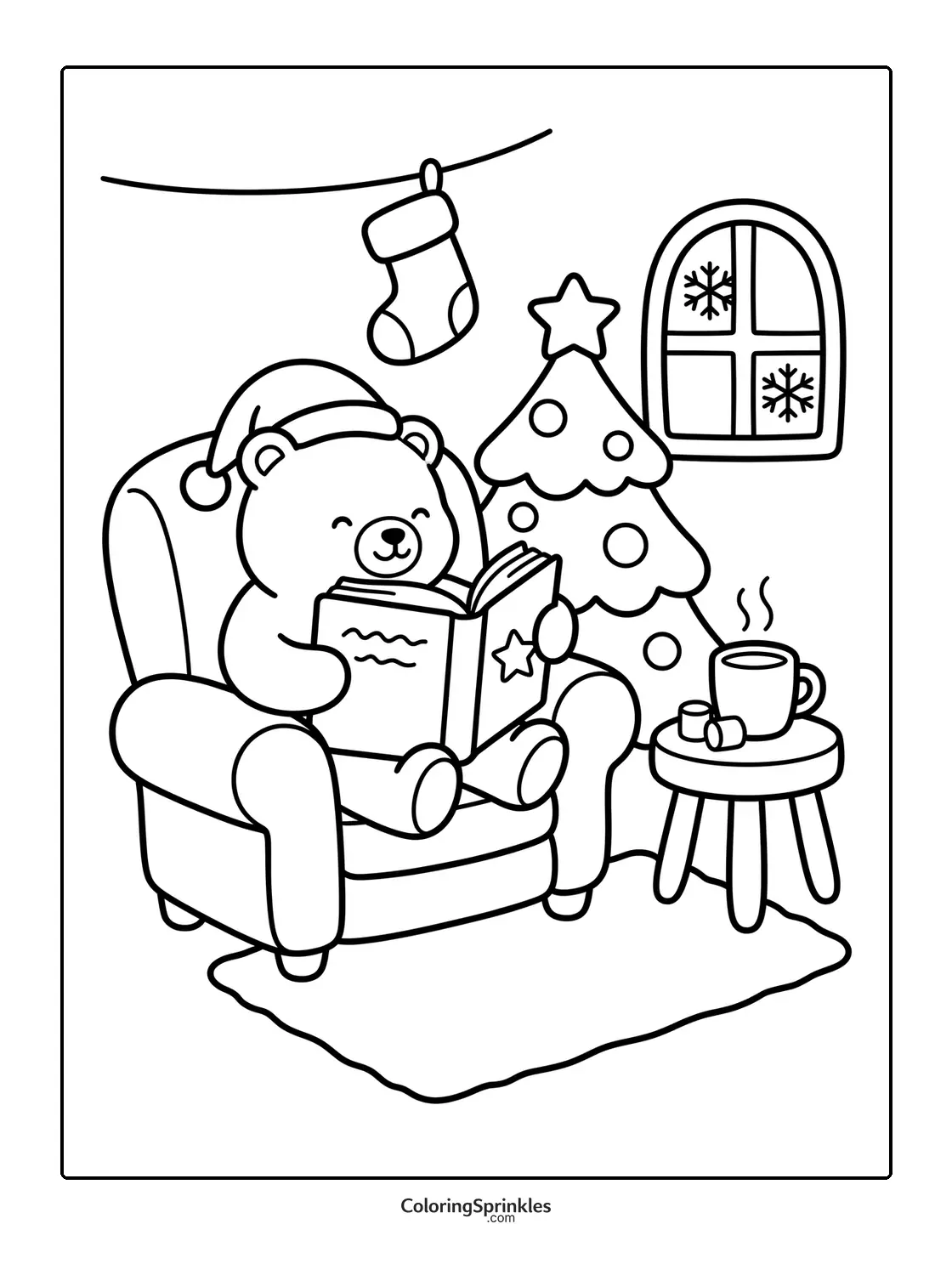 Coloring page of a Christmas bear reading a book in a chair by a decorated tree