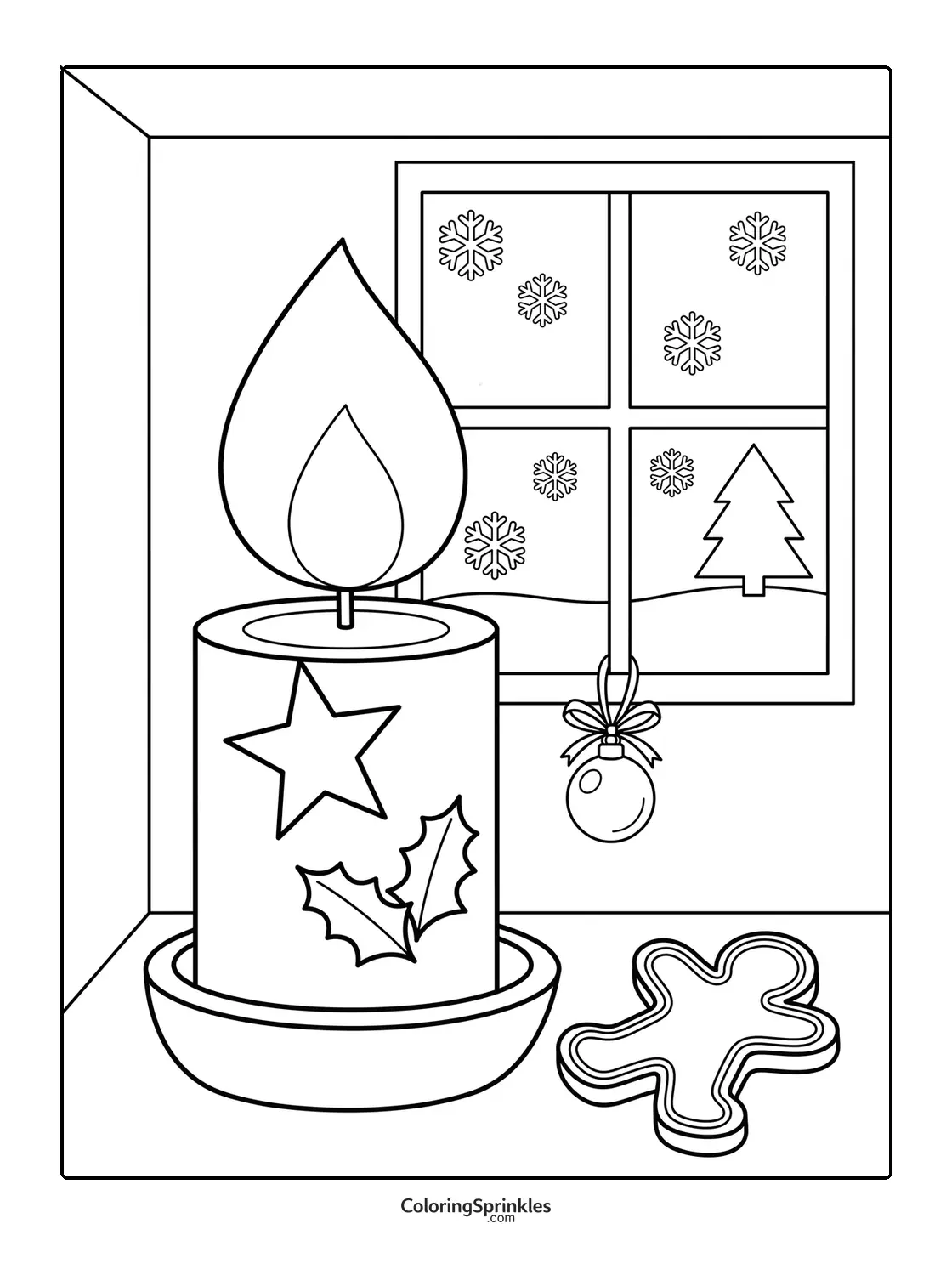 Coloring page of a Christmas candle by a window with snowflakes and a gingerbread cookie