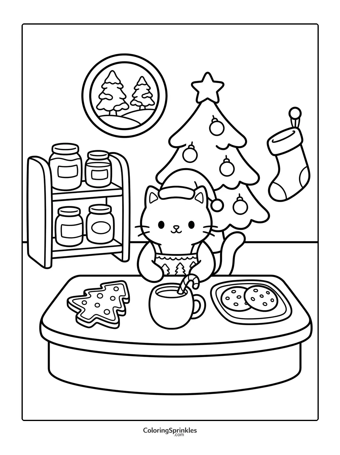 Coloring page of a cat with Christmas cookies and tree