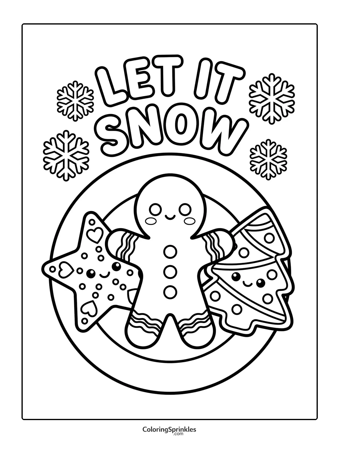 Coloring page of Christmas cookies with gingerbread and let it snow text