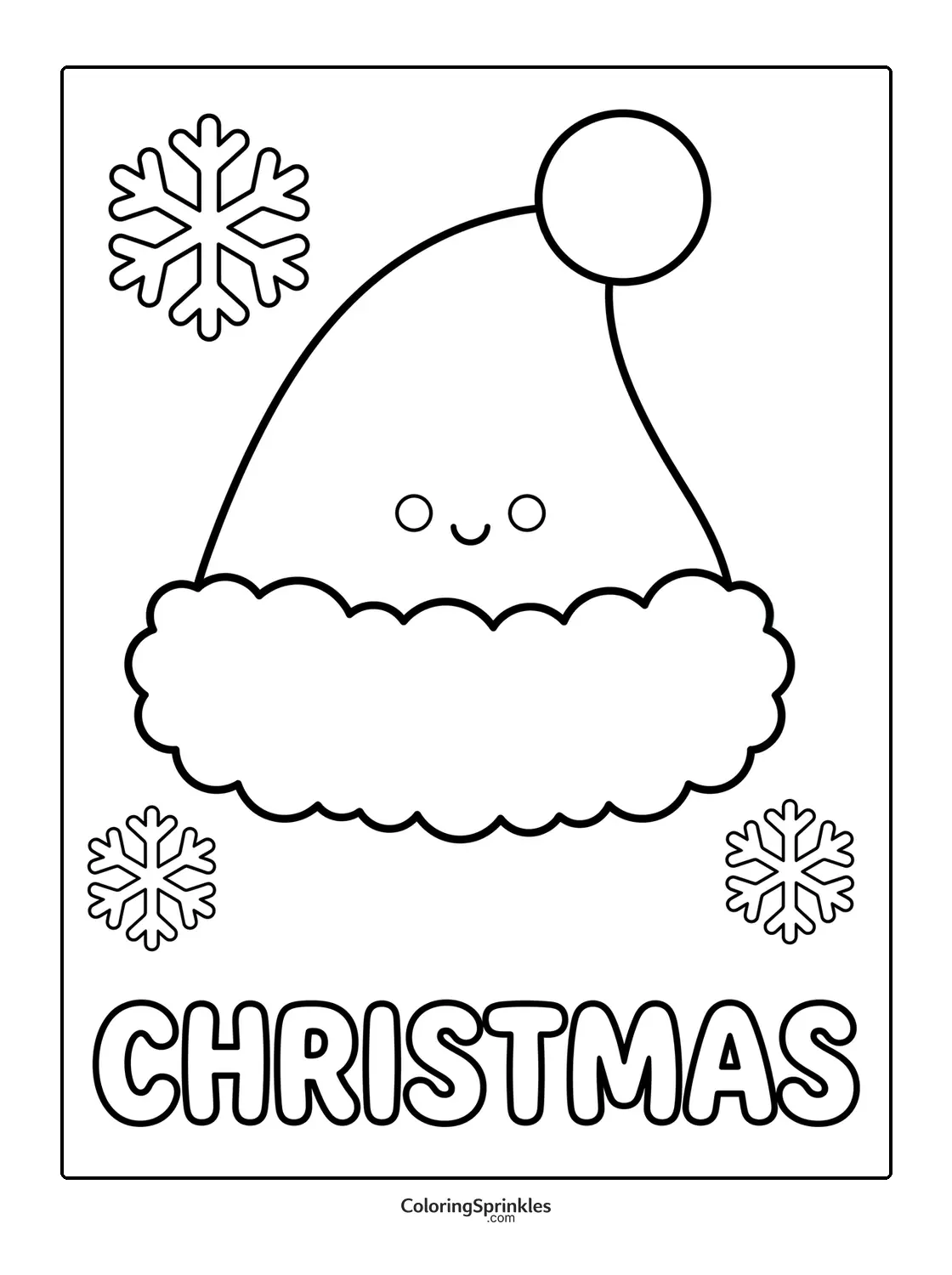 Coloring page of a smiling Christmas hat with snowflakes